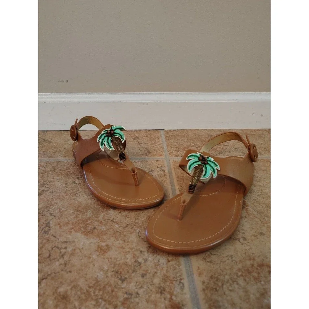 NWT Talbots Keri Nappa Leather Thong Sandals with Beaded Green Palm Tree Size 6